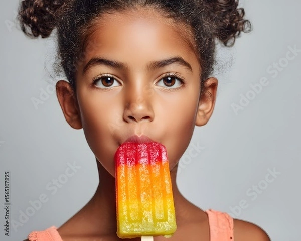 Fototapeta Young girl enjoying a colorful popsicle, showcasing delight against a neutral background