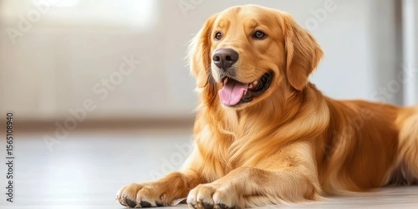 Obraz Golden retriever rests comfortably in a bright, modern living room during the afternoon sunlight