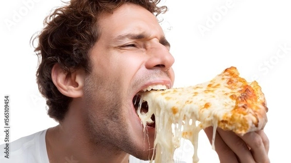 Fototapeta Young man enjoying a large slice of cheesy pizza, with a joyful expression against a white background