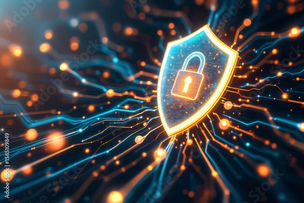 Fototapeta Glowing shield with lock symbol representing cybersecurity and data protection, surrounded by digital lines and glowing points, conveying security in digital technology