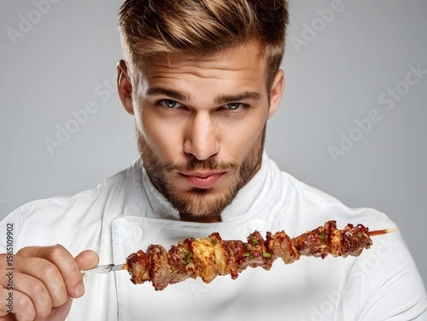 Fototapeta Chef holding a delicious meat skewer, showcasing culinary skill in a professional kitchen setting