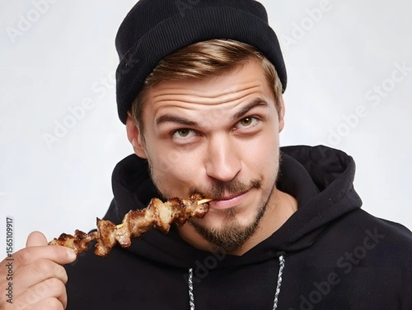 Fototapeta Young man in a black hoodie and beanie enjoying a skewer of grilled meat, with a neutral background