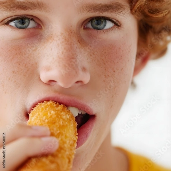 Fototapeta Close-up of a young boy enjoying a crispy snack, with a bright kitchen background and soft lighting