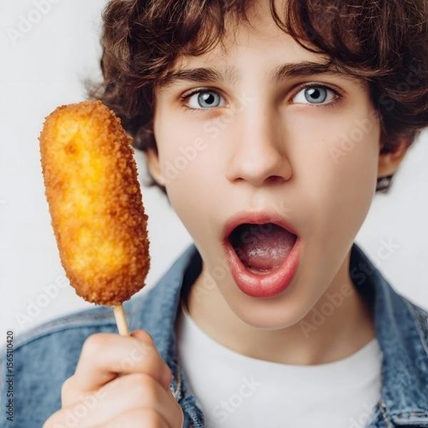 Fototapeta Excited young boy holding a golden corndog, expressing joy against a neutral background