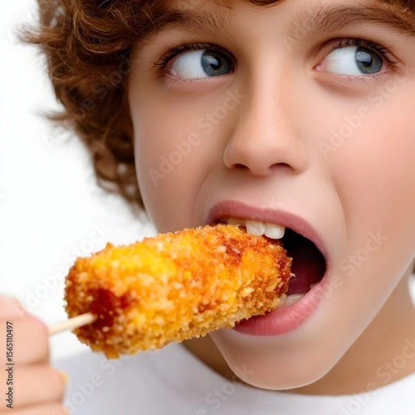 Fototapeta Young boy enjoying a crispy snack on a stick, with a playful expression against a white background