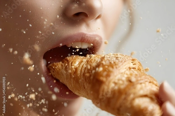 Fototapeta Close-up of a woman biting into a flaky croissant, with crumbs flying in a softly blurred background