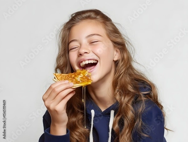 Fototapeta Joyful girl enjoying a cheesy snack, smiling broadly against a plain background, conveying happiness