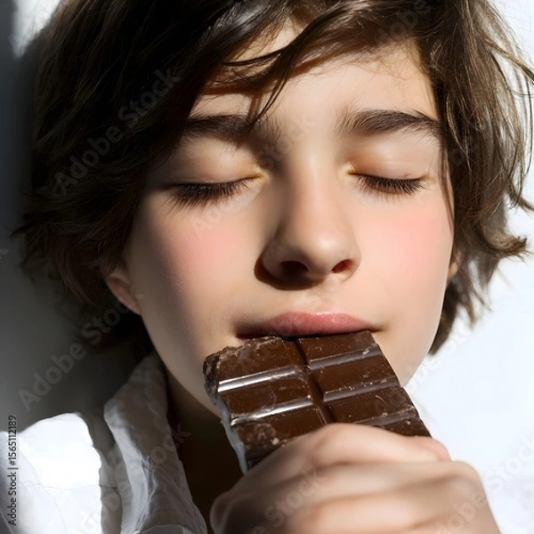 Fototapeta Young person enjoying a chocolate bar with eyes closed, basking in soft sunlight against a neutral background