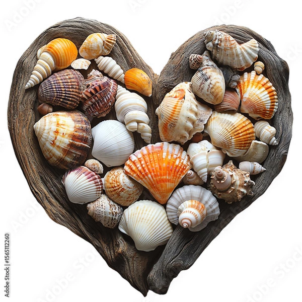 Fototapeta Lovely heart shape made from various beautiful seashells arranged on driftwood, showcasing nature's artistry.