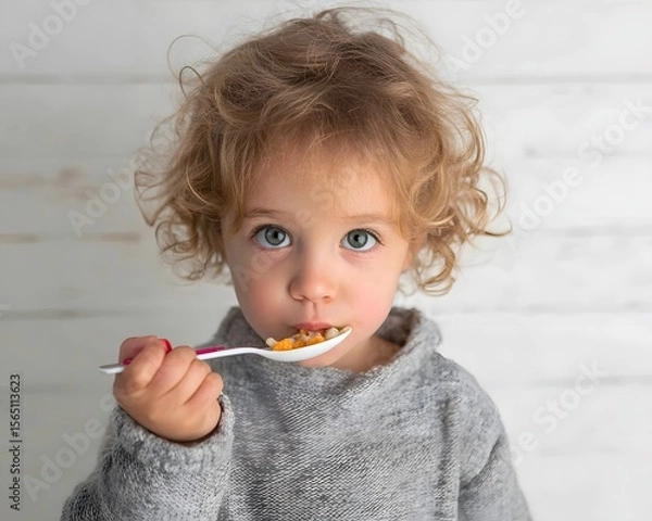 Fototapeta Child with curly hair holding a spoonful of food, looking curiously at the camera in a bright setting