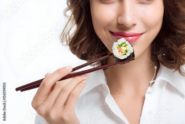 Fototapeta Woman smiling while holding sushi with chopsticks, showcasing culinary delight in a bright setting
