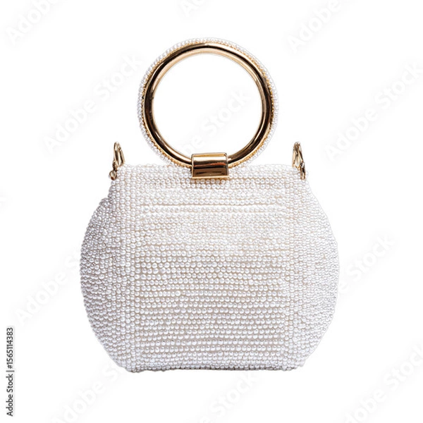 Obraz White beaded handbag with circular handle. Isolated white background. Png format