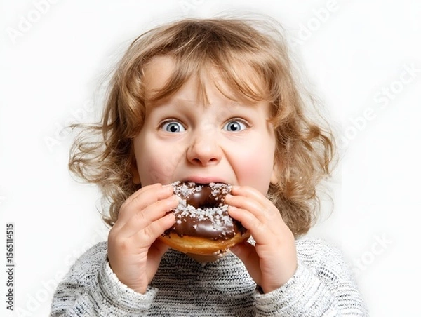 Fototapeta Happy child with curly hair excitedly holding a chocolate donut with sprinkles in a bright setting