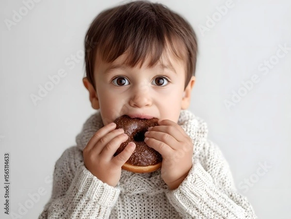 Fototapeta Young child enjoying a chocolate donut while wearing a cozy sweater against a neutral background