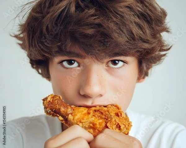 Fototapeta Young boy enjoying a crispy fried chicken leg, with a neutral background highlighting his expression