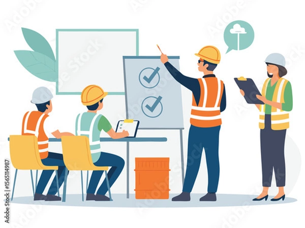 Fototapeta Cartoon vector illustration of construction workers with a blueprint and tablet, communicating at work