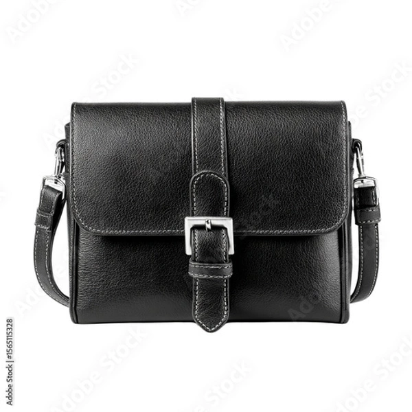 Obraz Black leather shoulder bag with silver buckle. Isolated white background. Png format