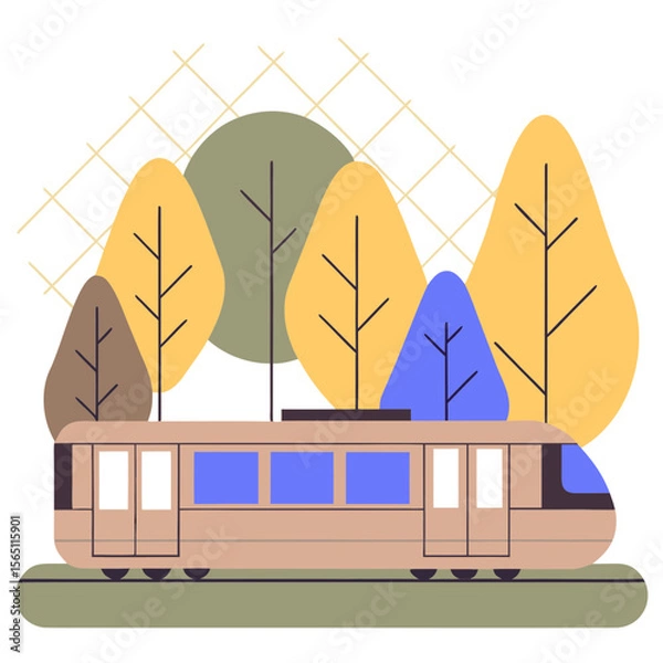 Obraz Tram in autumn park with colorful trees flat illustration