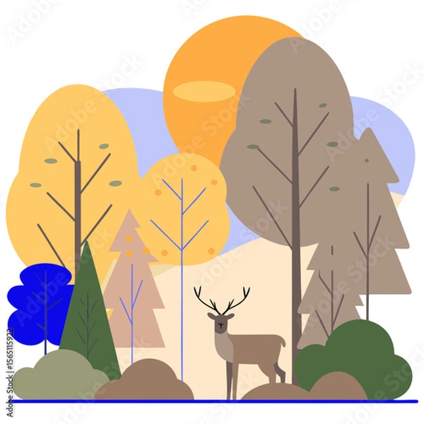 Obraz Deer standing in autumn forest with colorful trees flat illustration