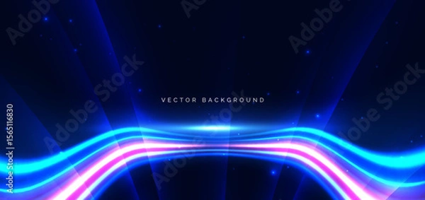 Obraz Futuristic wave blue and pink ray on dark blue background. High speed motion moving concept.