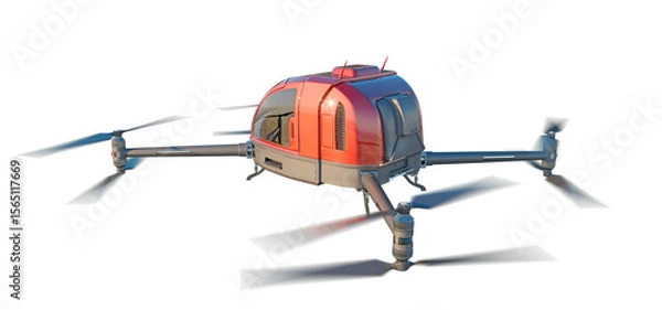 Fototapeta Flying car drone isolated on transparent background. Driverless aerial vehicle flying designed for passenger transport. 3D illustration