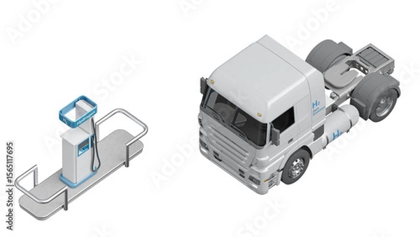 Fototapeta hydrogen truck and hydrogen refueling station isolated on transparent background. Orthogonal view at 45 degrees. Hydrogen-themed graphic components. 3D illustration.