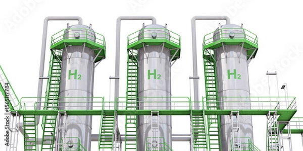 Fototapeta Green hydrogen gas storage isolated on transparent background. Green hydrogen generated by splitting water through zero-emission electrolysis. 3D illustration
