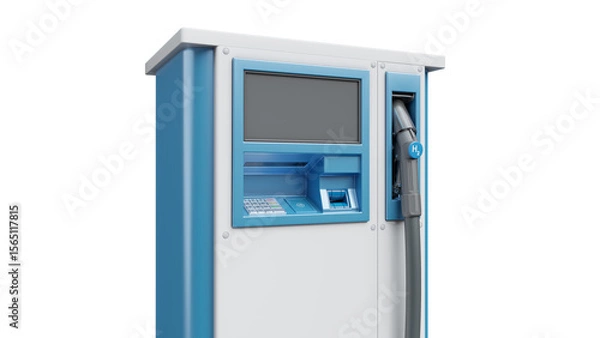 Fototapeta Self-service hydrogen refueling station equipped with dispenser for vehicles isolated on transparent background. Close up view. Hydrogen refueling station equipment. 3D illustration.