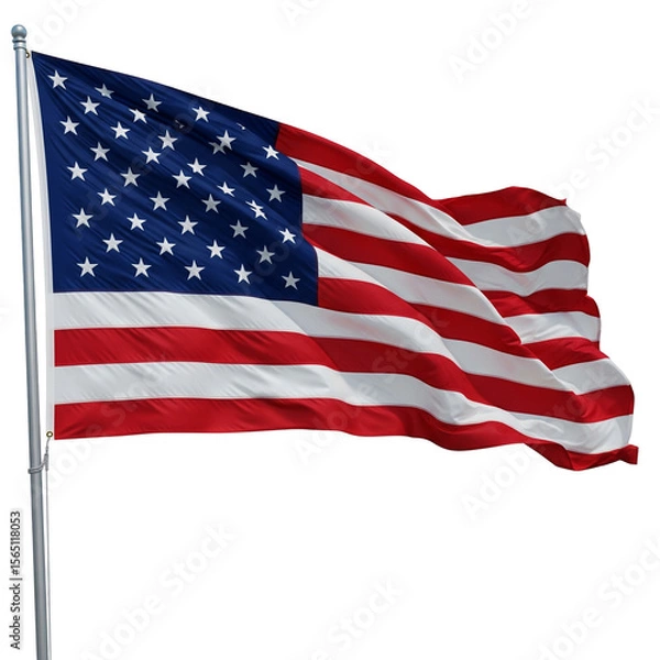 Fototapeta United States flag with red white and blue stripes and stars waving in the wind on a PNG background.