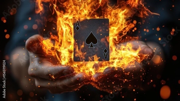 Fototapeta Hands of magician expertly control single playing card, which hovers in mid air surrounded flames and illuminated soft spotlight, creating mesmerizing effect during performance