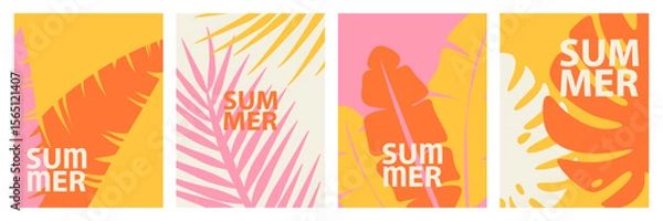 Fototapeta Collection of four vertical abstract summer posters with silhouetes of tropical leaves, colorful groovy nature background