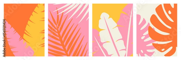 Fototapeta Collection of four vertical abstract summer posters with silhouetes of tropical leaves, colorful groovy nature background