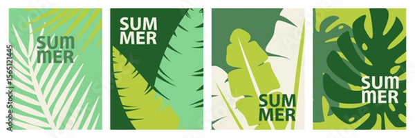 Fototapeta Collection of four vertical abstract summer posters with silhouetes of tropical leaves, colorful nature background