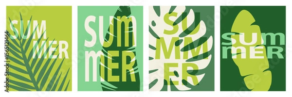 Fototapeta Collection of four vertical abstract summer posters with silhouetes of tropical leaves, colorful nature background, risograph effect