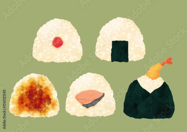 Obraz 色々なおにぎりの水彩風ベクター素材セット