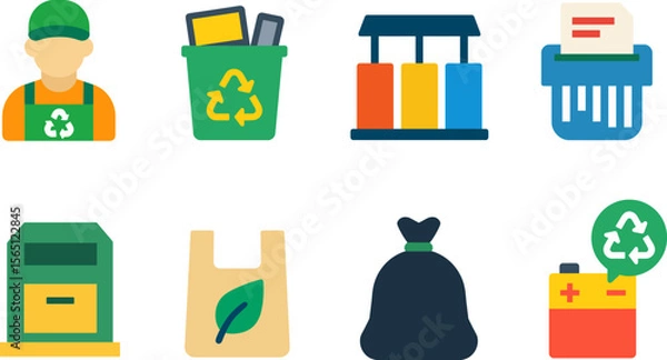 Fototapeta Colorful flat icon set for recycling and waste management, recycling process and infrastructure: recycling worker, paper bin, sorting station, shredder, cardboard box, eco bag, garbage sack, battery