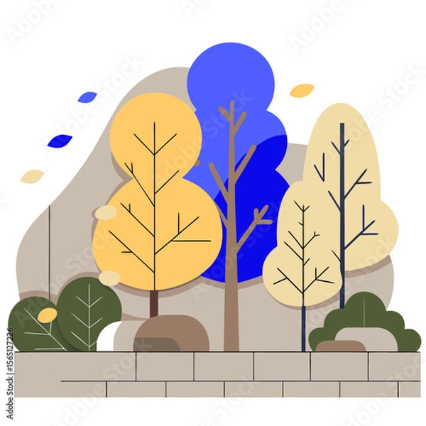 Obraz Colorful autumn trees behind stone fence flat illustration