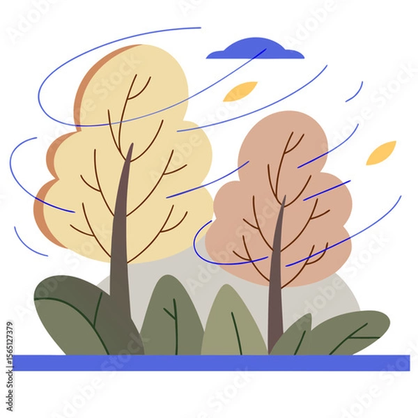 Obraz Windy autumn trees with falling leaves flat illustration