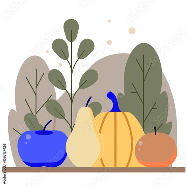 Obraz Autumn fruits and pumpkin with leaves flat illustration