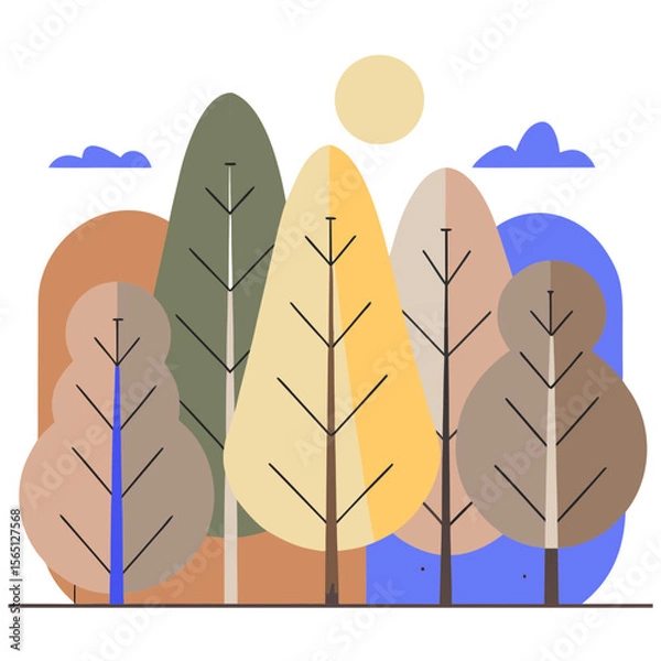 Obraz Colorful autumn trees with sun and clouds flat illustration