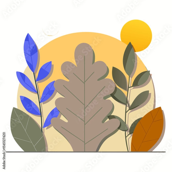 Obraz Colorful autumn leaves with sun flat illustration