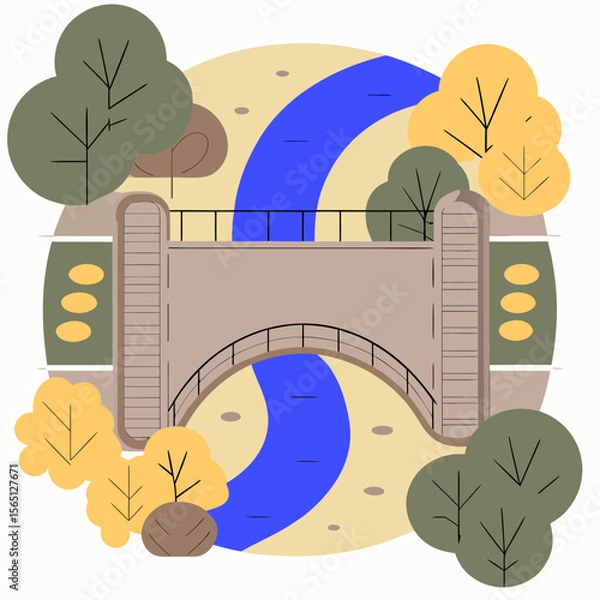 Obraz Stone bridge over blue river in autumn park flat illustration
