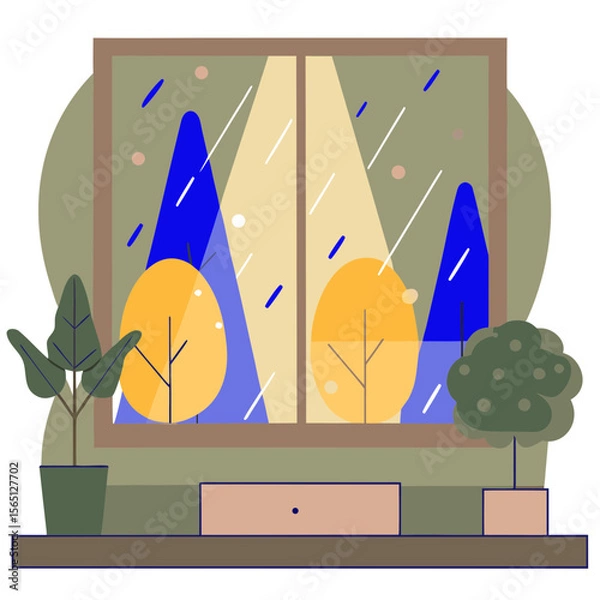Obraz Rainy autumn landscape through window flat illustration