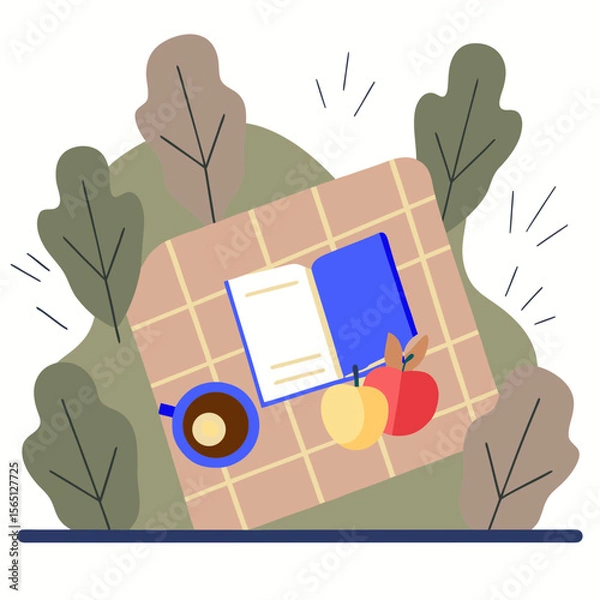 Obraz Autumn picnic blanket with coffee book and apples flat illustration