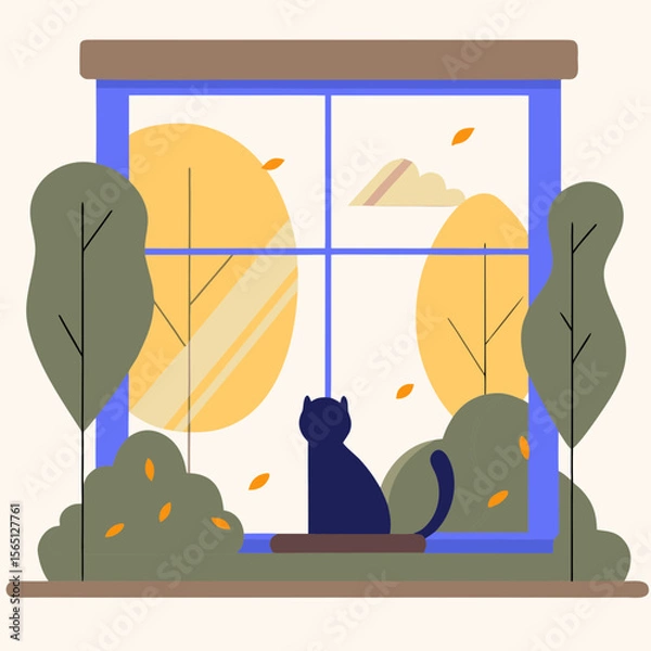Obraz Cat sitting on windowsill looking at autumn trees flat illustration