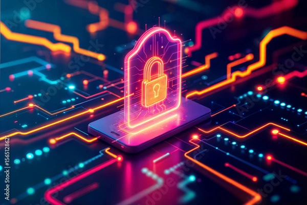 Fototapeta Digital lock icon glowing on smartphone screen representing cybersecurity and data protection, with vibrant neon circuit lines in background creating high tech atmosphere