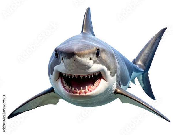 Fototapeta Realistic Great White Shark with Open Jaws Facing Camera Underwater Effect, isolated on transparent background