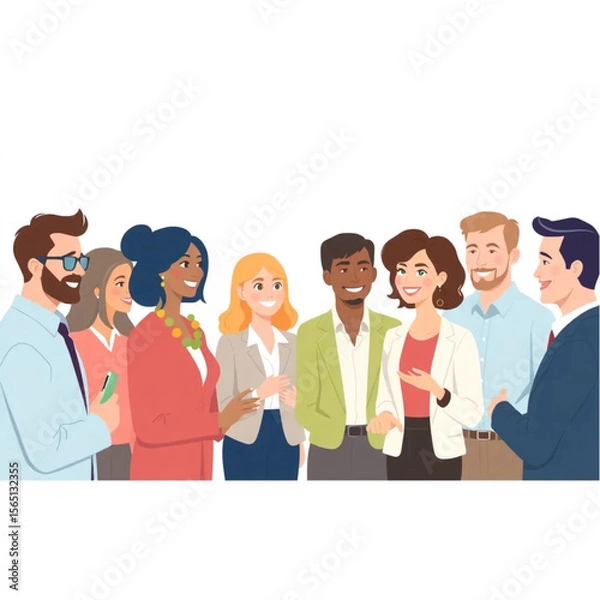 Fototapeta A group of nine leaders are networking with visitors at a booth. Everyone is smiling or nodding, showing active participation.