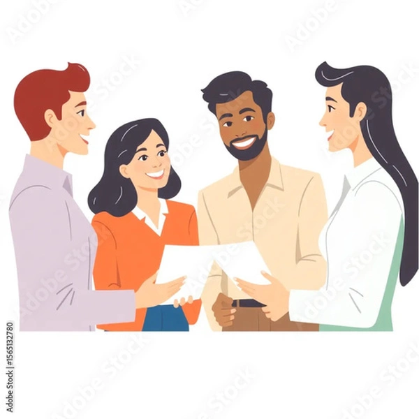 Obraz A group of four team members are discussing performance reviews. Everyone is smiling or nodding, showing active participation.