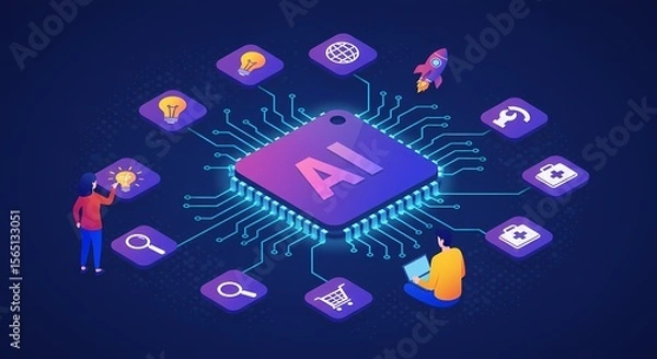 Fototapeta Artificial intelligence concept with ai chip and various icons on a dark blue background design